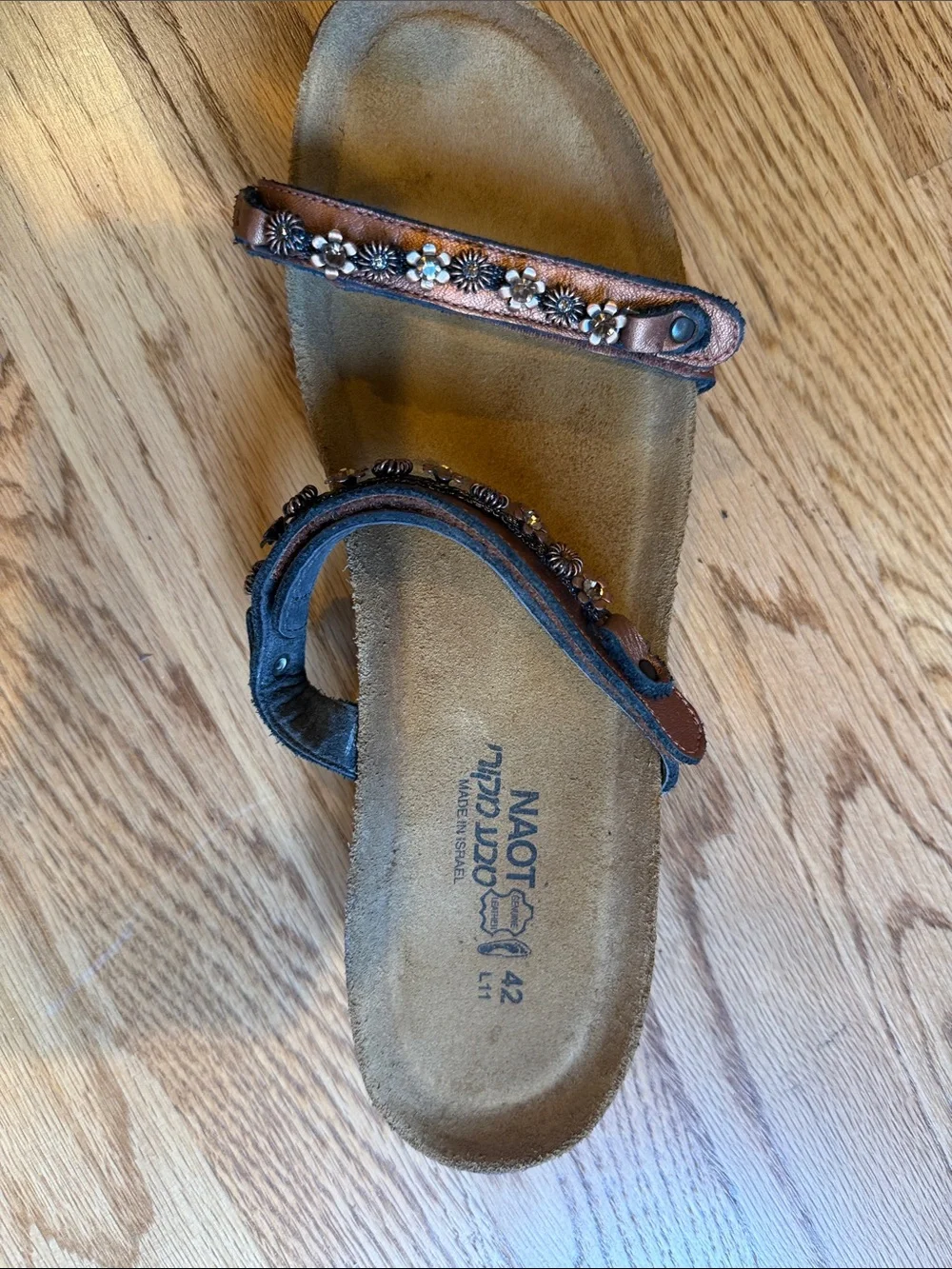 Naot Copper Brown Floral-Stud Double-Strap Slide Sandals
